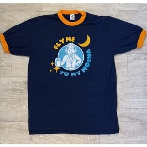Fly Me To the Mocha coffee dark blue graphic short sleeve shirt SIZE‎ L